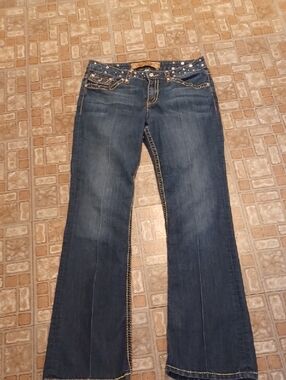 Women's Dark Blue Wide-Leg Jeans with Studded Waist Size 10